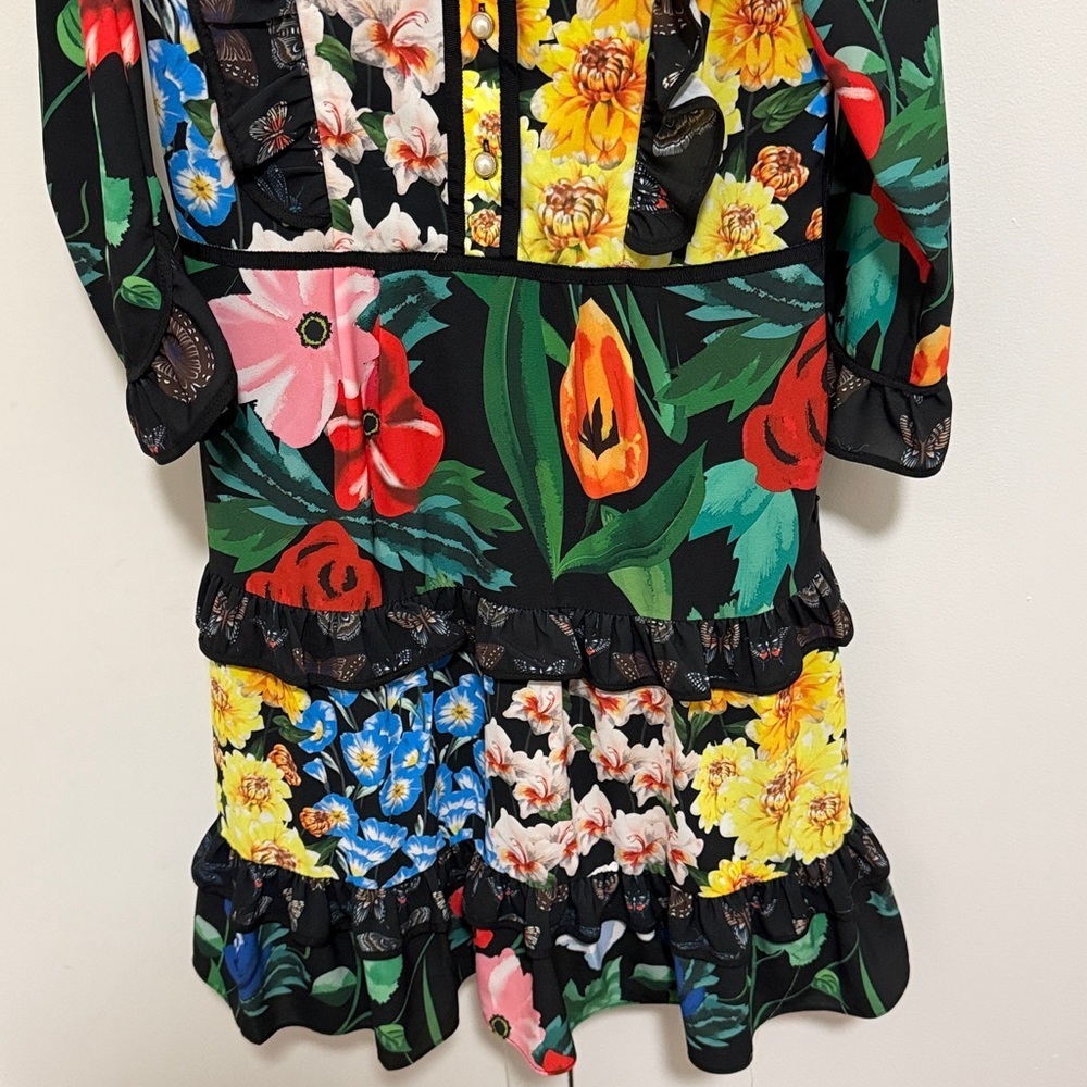 Black Floral & Butterfly Print Dress with Ruffle Details. Womens Size Small. - Picture 3 of 9